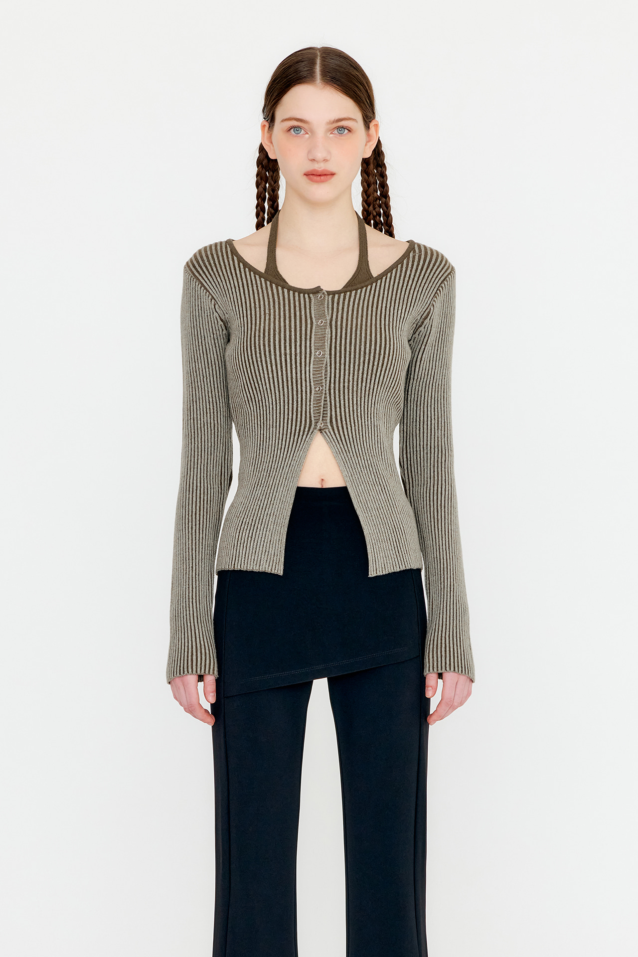 TWO TONE HALTER SLEEVE LAYERED KNIT TOP - KHAKI BROWN